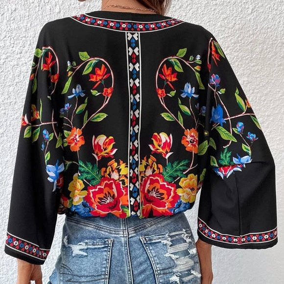 Black Boho Womens Floral Print Batwing Sleeve Wrap Blouse - Picture 2 of 5